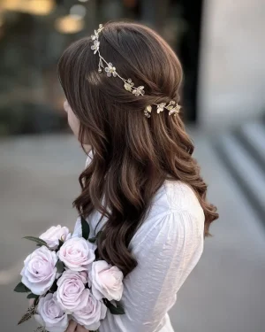 corona de novia dorada con flores y cristales elegantes