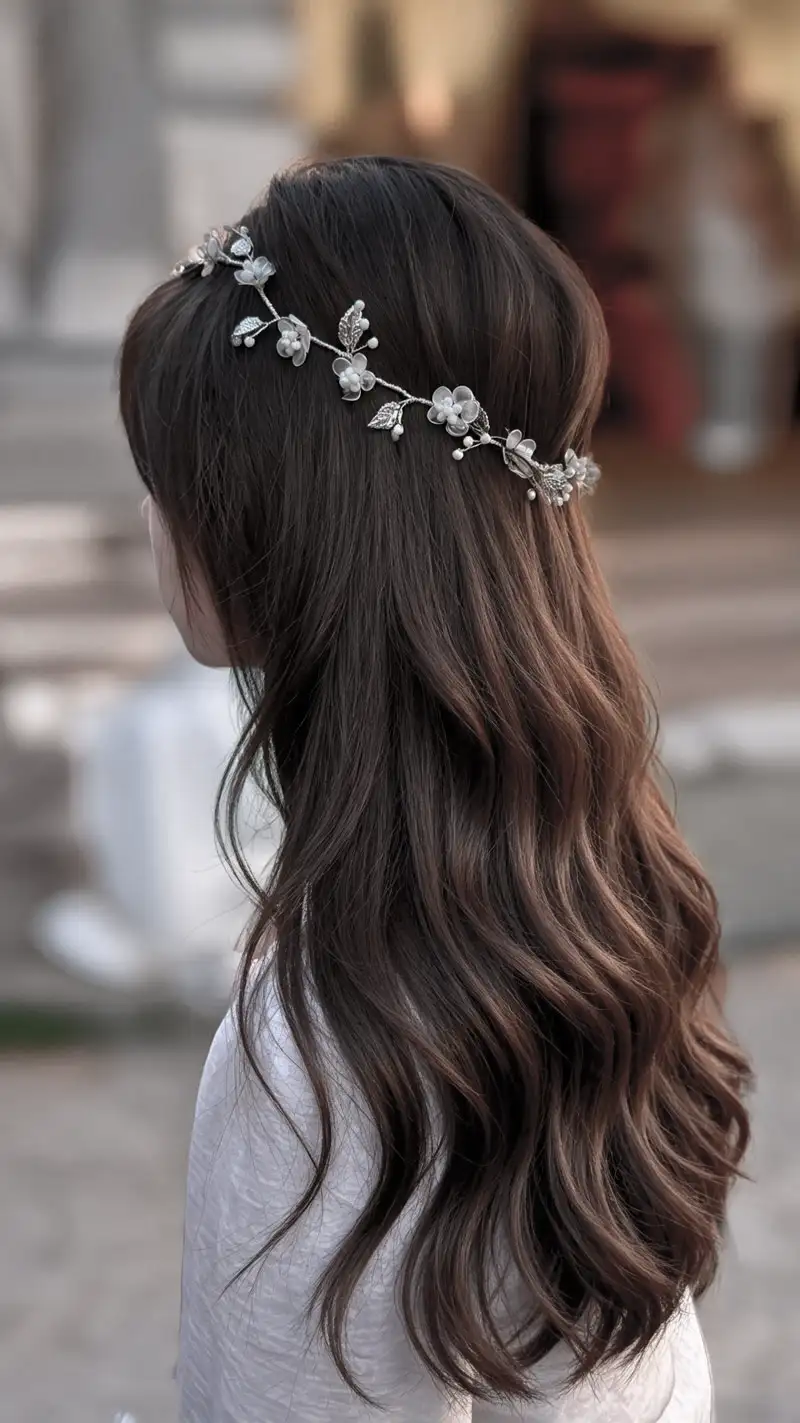 corona de novia clásica en resina con flores blancas